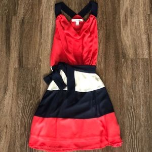 Coral, Navy, and Cream Striped Cowl Neck Dress